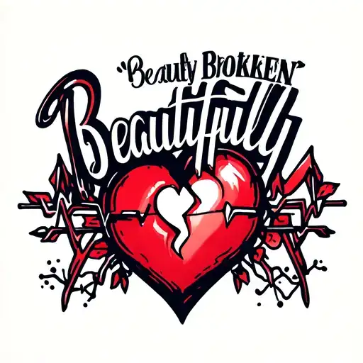"Beautifully Broken" broken heart with heart beat line tattoo design idea
