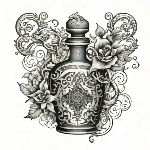 A poison bottle with intricate floral designs intertwined around it tattoo design idea