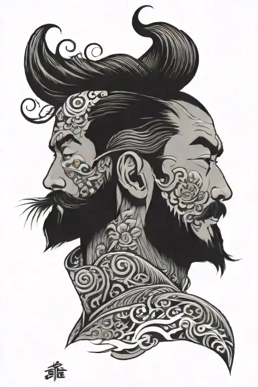 man with waves as beard, kaze sign as eyebrows tattoo design idea