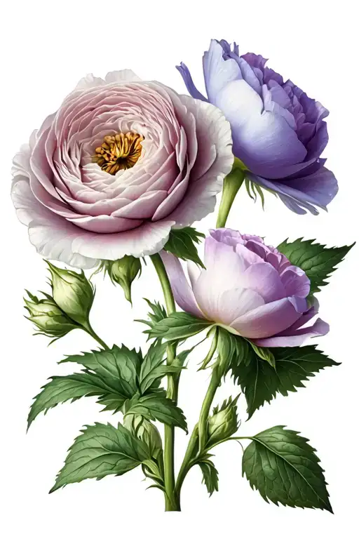 BEEDED EUCALPYTUS, RANUNCULUS AND LISIANTHUS tattoo design idea