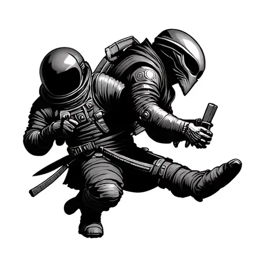 a astronaut that is a samurai facing a alien that is dressed as a ninja tattoo design idea