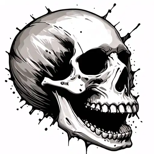 side veiw of skull with open mouth fragmenting away tattoo design idea
