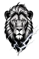 realistic lions head, clouds,  lightning,  leo, unconditional love symbol, white eyes, white lightning tattoo design idea