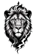 realistic lions head, clouds,  lightning,  leo, unconditional love symbol, white eyes, white lightning tattoo design idea