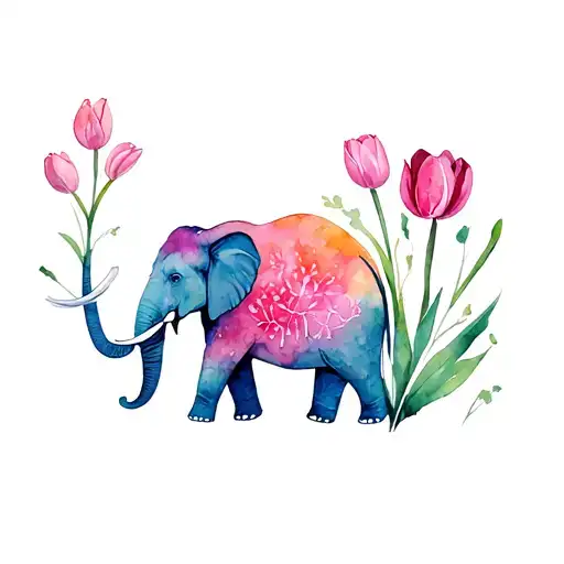 elephant and tulip flower tattoo design idea