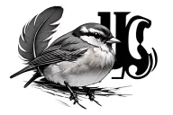 small black and white robin, floating feather, number 19 tattoo design idea