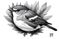 small black and white robin, floating feather, number 19 tattoo design idea