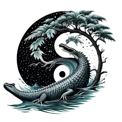 tree of life, ying yang, water, crocodile swimming in a tropical tattoo design idea