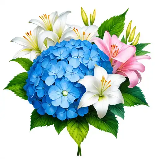 Blue Hydrangeas and White-Pink Lillies tattoo design idea