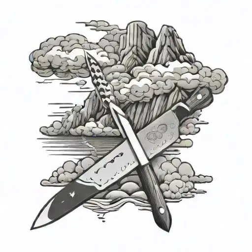 chefs knife with a mountain and thunder storm clouds tattoo design idea