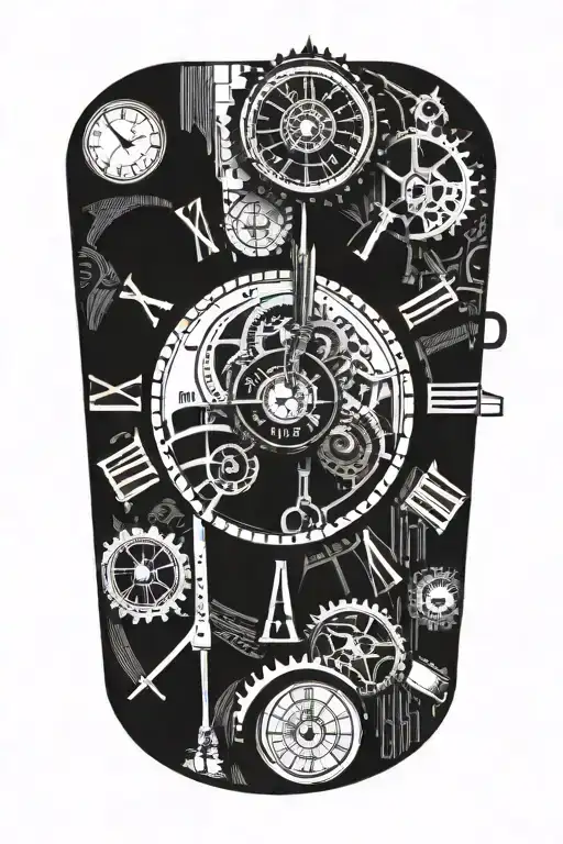 Cyberpunk, clock face, wheel, Paris, Dubai tattoo design idea