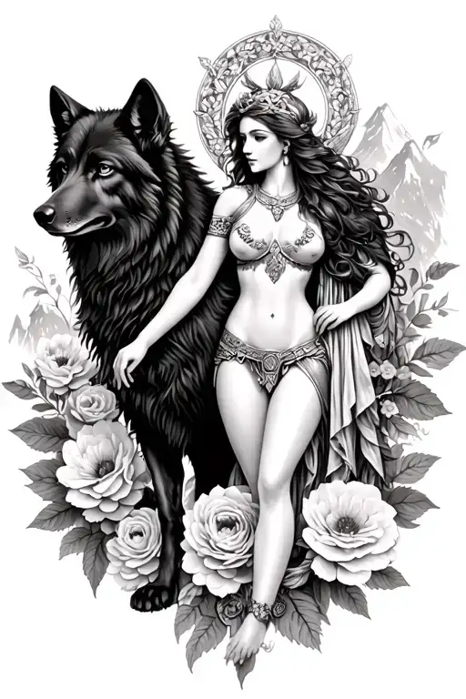 Athena sexy goddess surrounded by poeny flowers and black wolf with mountains  tattoo design idea