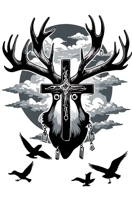 cross with dog tags hanging off of antlers with clouds and birds in the back ground  tattoo design idea