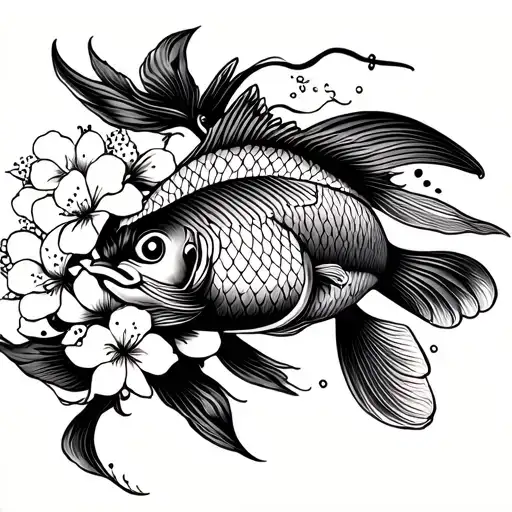 Japanese style black in dot work with a koi fish, cherry blossom, and a warrior tattoo design idea