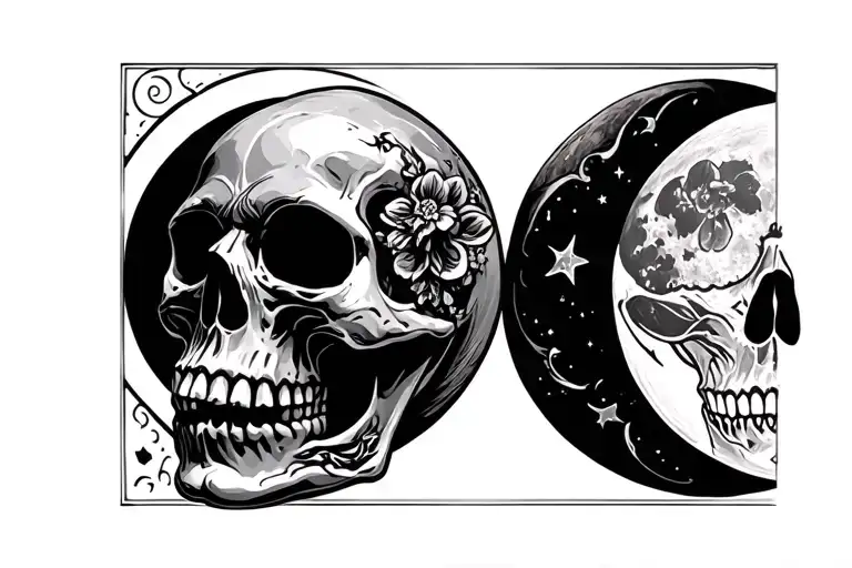negative spacing Chicano style skull with a moon tattoo design idea
