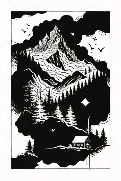 mountain, forest and a person waiting in the hope to meet his lost love  and write "TENNIE" in English tattoo design idea