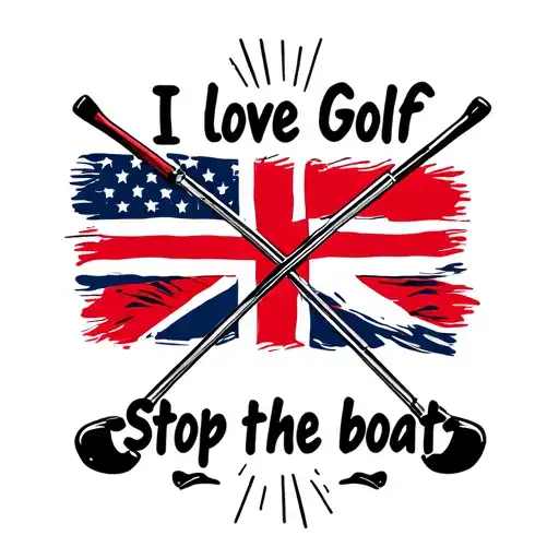 "I love golf. Stop the boats" England flag with two golf clubs crossing the centre.  tattoo design idea