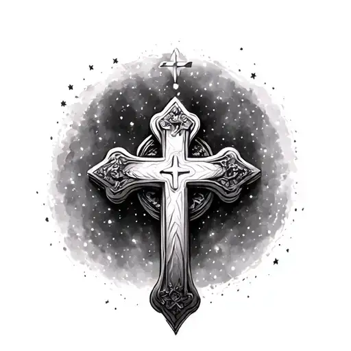 Christian cross with a starry sky tattoo design idea
