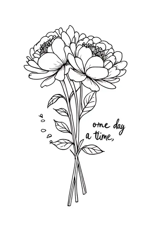 fine line small bouquet of flowers (peonies, leaves) with the stems saying "one day at a time" tattoo design idea