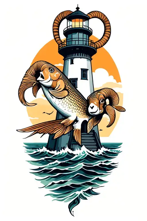 lighthouse koy fish and ram tattoo design idea