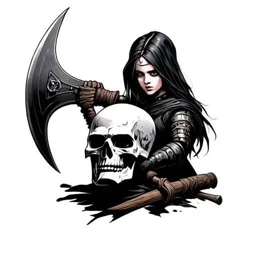 executioner girl with doublesided axe holding a kinds head tattoo design idea