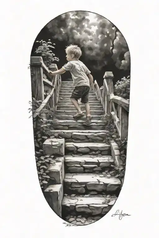 stairs to heaven with little boy tattoo design idea