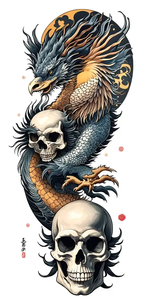 Chinese dragon and phoenix and skull and moon and raven tattoo design idea