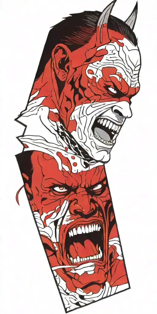 half man half devil screaming wearing oni mask fighting off inner demons  tattoo design idea