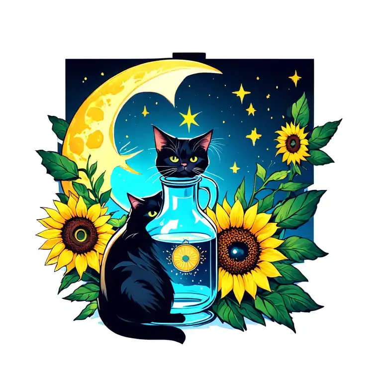 cat Potion bottle surrounded sun star moon sunflower tattoo design idea