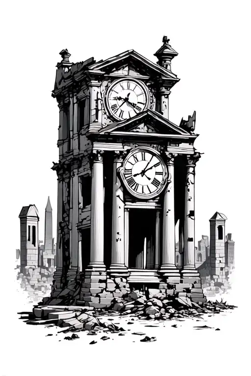 tall ancient Roman clock town crumbling with ancient city behind it tattoo design idea