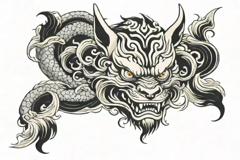 fox demon oni mask cloud wind koi fish tattoo design idea