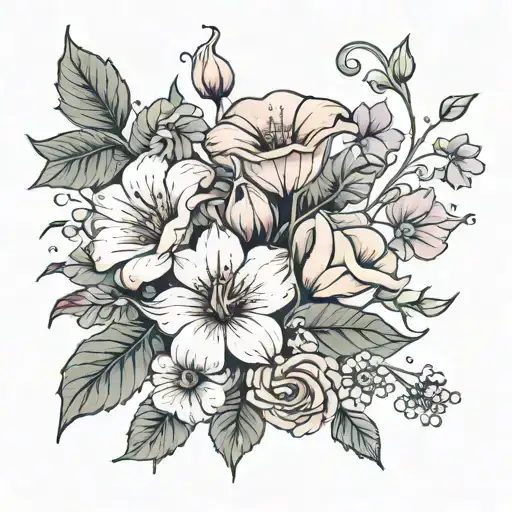 simple birth flower bouquet fine line with morning glorys, violets and roses tattoo design idea