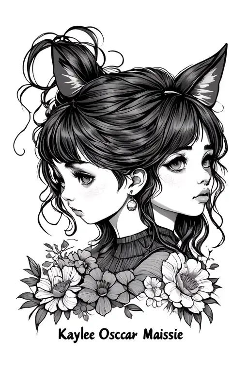 Combine the words Kaylee, Oscar and Maisie in a simplistic line art style tattoo design idea