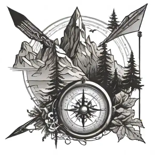 mountain and tree long arrow and compass tattoo design idea