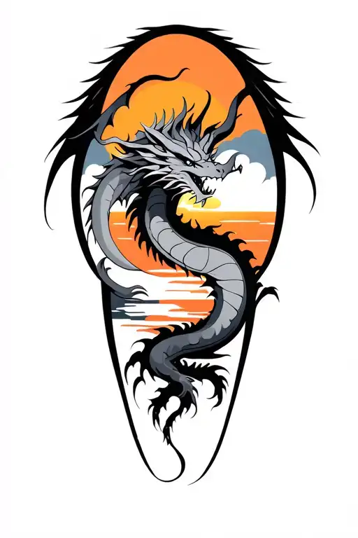 black and gray Dragon with sunset sky tattoo design idea