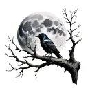 tree with no leaves, crow on branch, full moon tattoo design idea