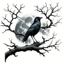tree with no leaves, crow on branch, full moon tattoo design idea
