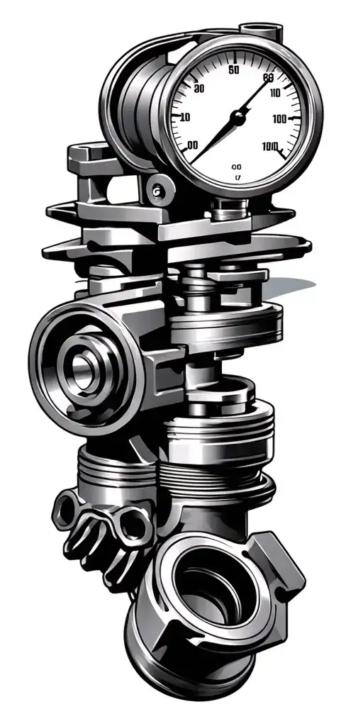 automotive parts tattoo featuring turbo, camshaft, pistons, crankshaft, boost gauge, tattoo design idea
