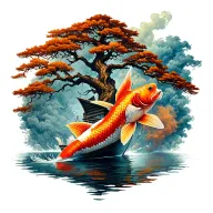 tree of live half alive half dead oak tree koi fish swimming smoke around boat sailing  tattoo design idea