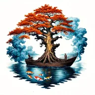 tree of live half alive half dead oak tree koi fish swimming smoke around boat sailing  tattoo design idea