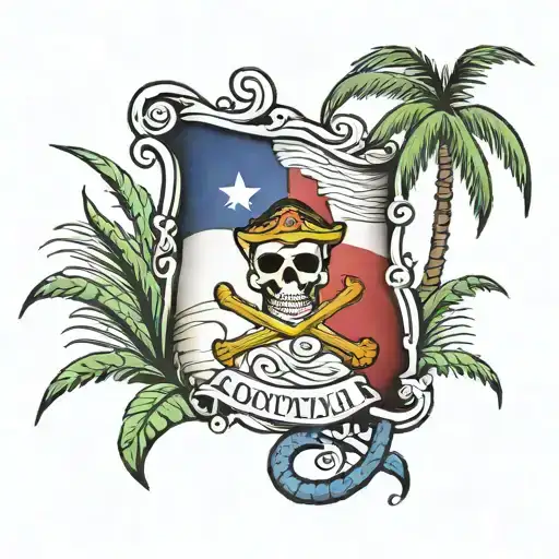 Dominican republic flag transitioning into a pirate flag with sugar cane plant on the left side and rum jug on bottom ri tattoo design idea