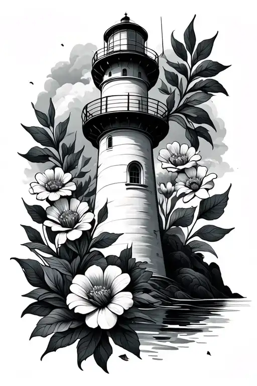 lighthouse with flowers intertwined tattoo design idea