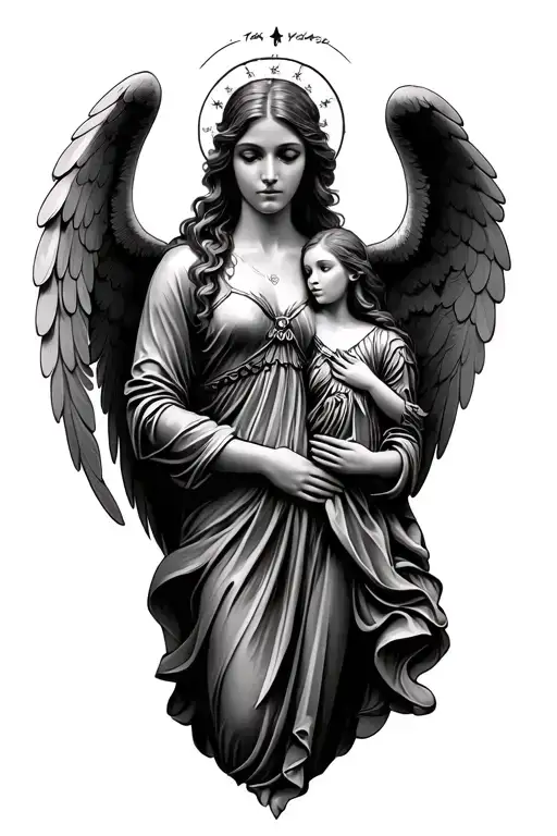woman holding guardian angel tattoo design idea