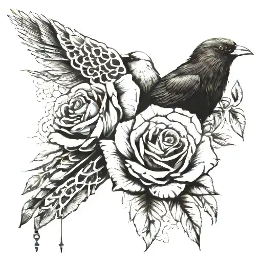 Thin detailed tattoo, with letters on the fingers, the golden cut, a rose and some birds on the hand and beneath the bon tattoo design idea