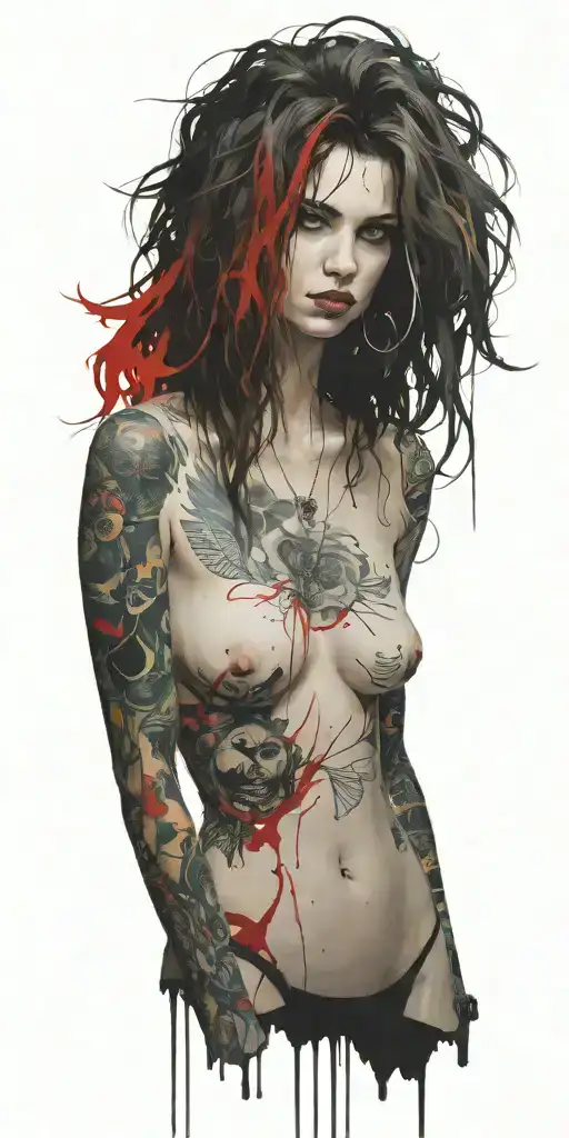 Sexy Pale Girl,petite, big boobs, wide hips, G-String. Messy hair, full nude , sexual. Seductive smile. Full Body tattoo design idea