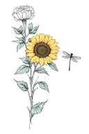 Lillie's, sunflower, carnation, dragonfly perched tattoo design idea