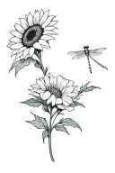 Lillie's, sunflower, carnation, dragonfly perched tattoo design idea
