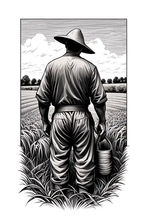 story of the Chinese farmer working in field facing away tattoo design idea