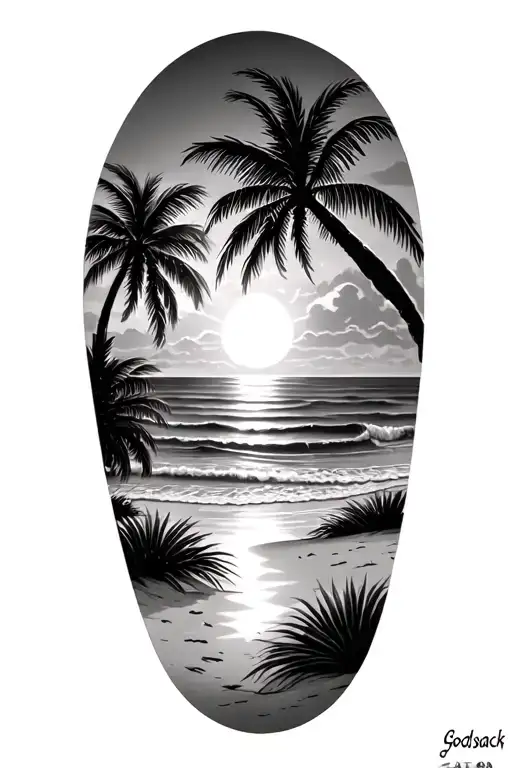 Beach scene with palm trees using the godsmack sun tattoo design idea