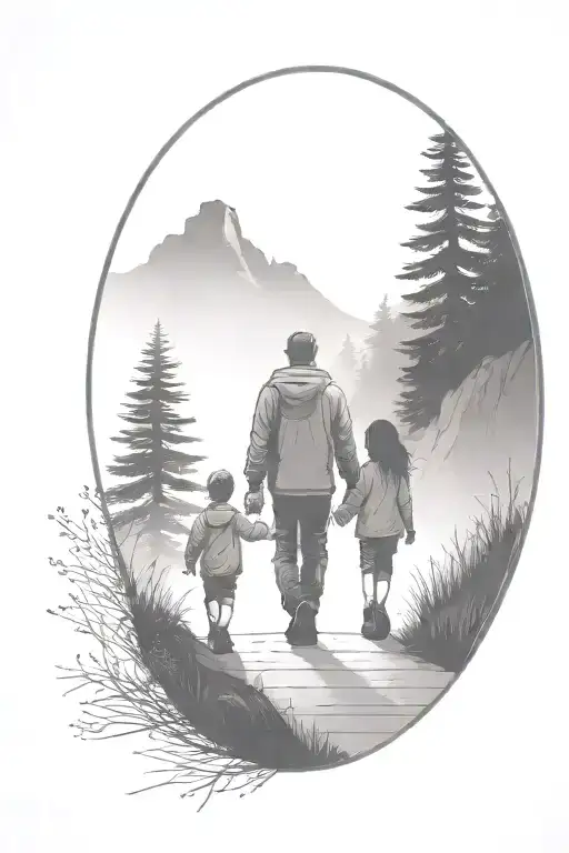 father in the middle holding hands with two small girls walking down the road with forest and cliffs in background tattoo design idea